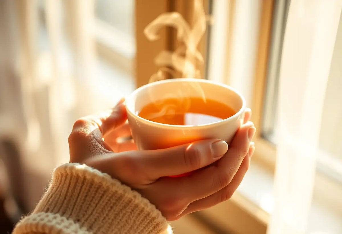 Une main féminine tient une tasse de thé chaud, symbolisant le plaisir féminin.