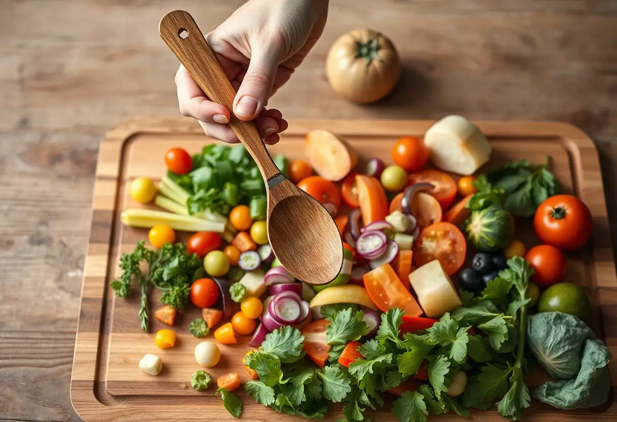 Une main tenant une cuillère en bois au-dessus d'une planche à découper remplie de légumes et de fruits