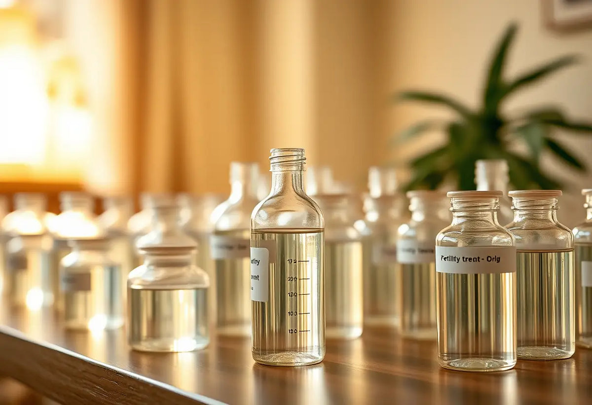 Un plan incluant des bouteilles de verre contenant des liquides clairs, symbolisant les traitements de fertilité.