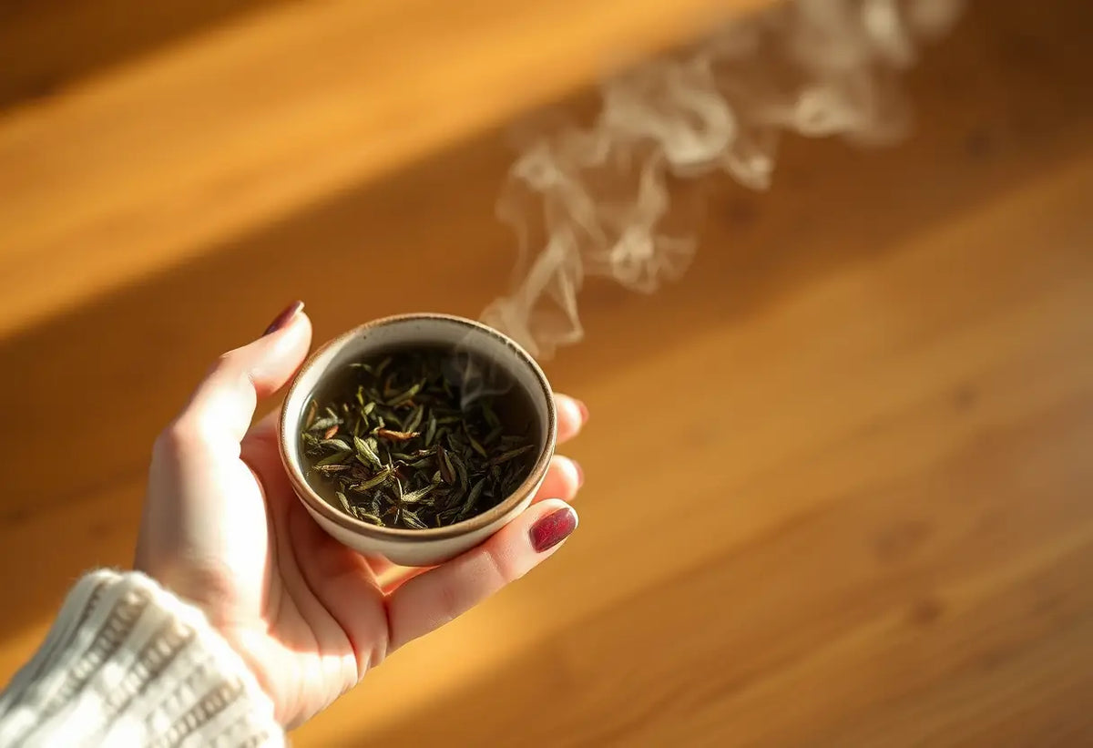 Une main féminine tient une petite bol en céramique rempli de feuilles d'herbes pour thé, lumière naturelle et chaleureuse.