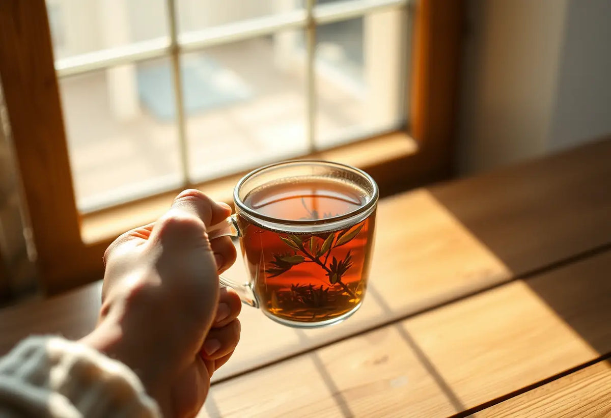 Une main tenant une tasse de thé herbeux dans une lumière douce