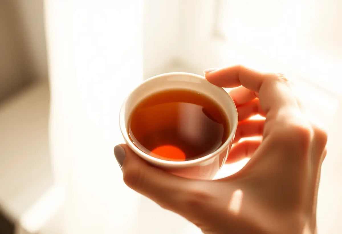 Une main féminine tient une tasse de thé chaud, lumière naturelle