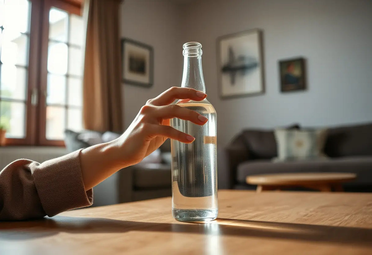 Main de femme tenant une bouteille de liquide clair, dans un salon accueillant