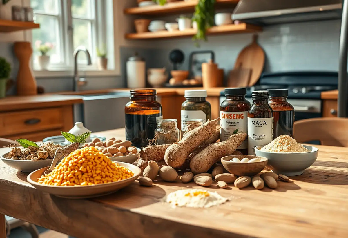 Tableau rempli d'herbes et de compléments alimentaires dans une cuisine