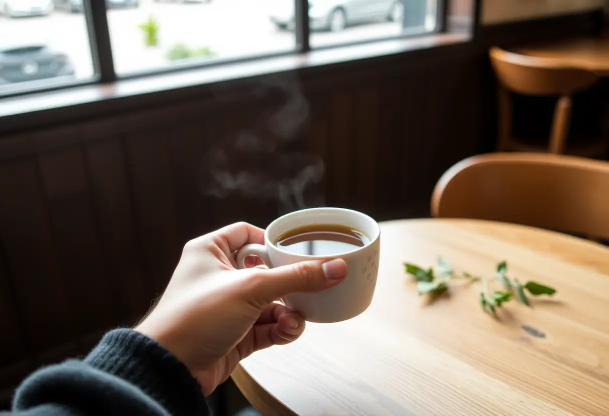 Une main tenant une tasse de thé herbeux dans un café accueillant
