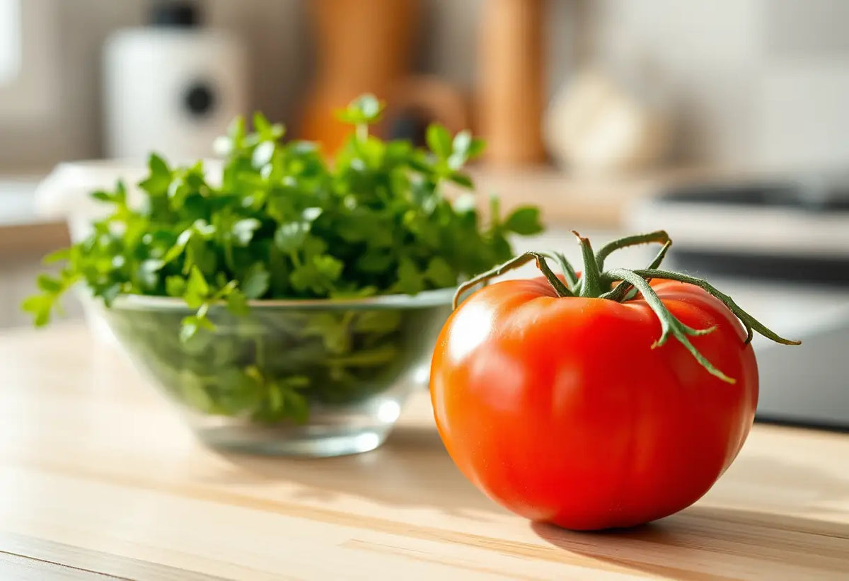 Un plan de travail de cuisine avec une tomate et un bol d'herbes fraîches, illustrant le choix éthique entre produits nocifs et biologiques.