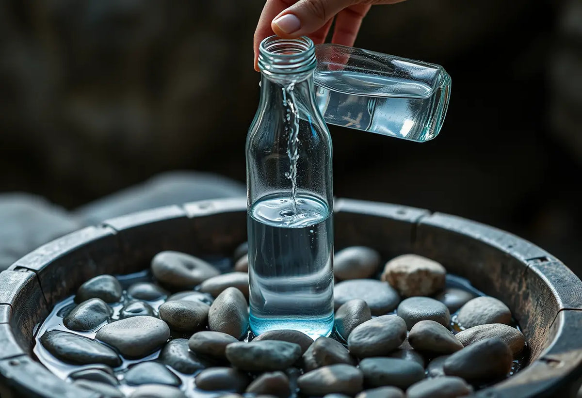 Main qui remplit un bocal d'eau entouré de pierres pour équilibrer l'énergie, naturel