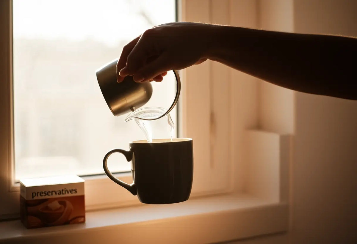 Femme versant de l'eau chaude dans une tasse, une boîte de préservatifs féminins sur la fenêtre