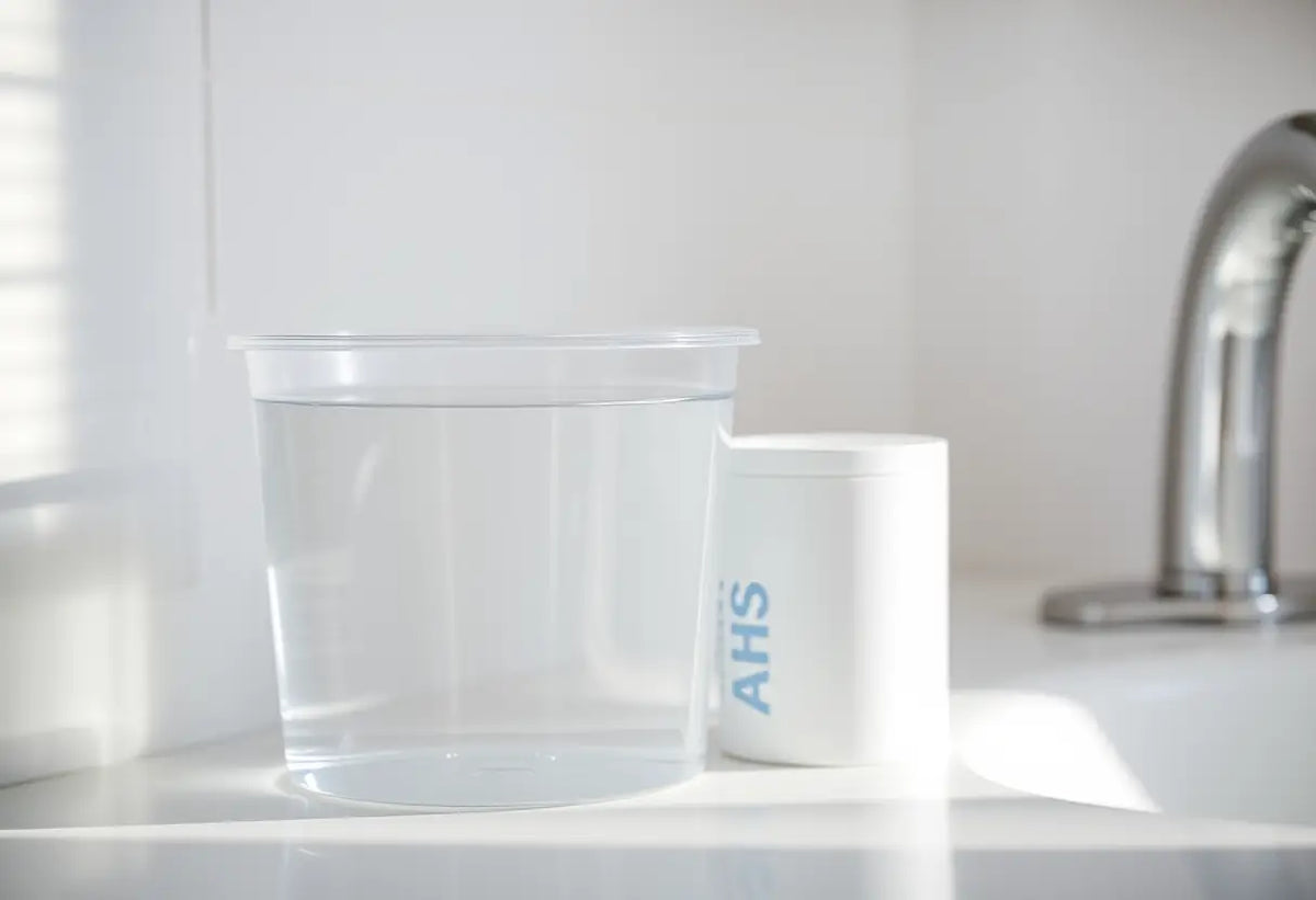 Un plan clos d'un conteneur plastique rempli d'eau à côté d'une petite boîte cylindrique sur un meuble de salle de bains