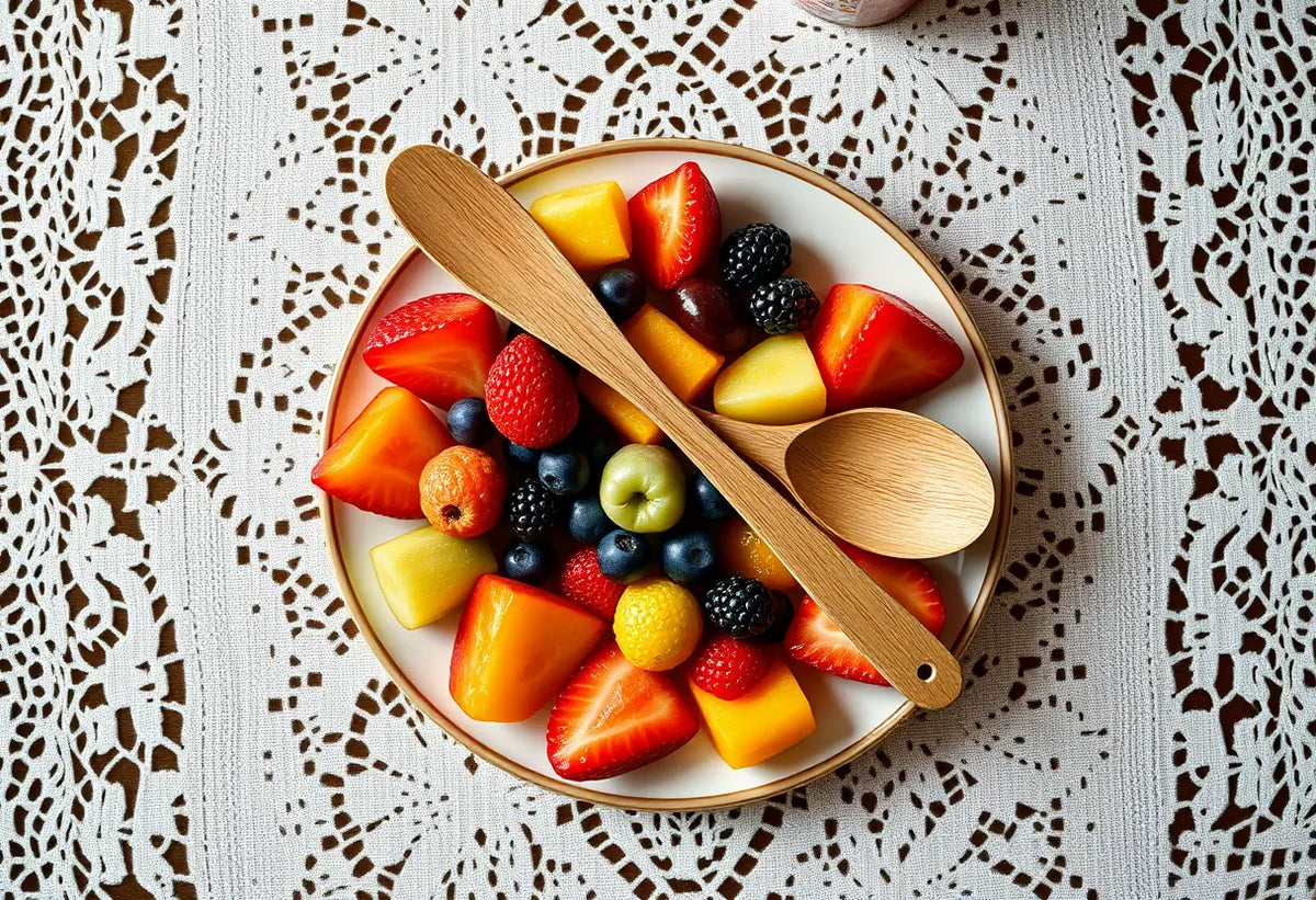 Des cuillères en bois croisées sur une assiette de fruits frais