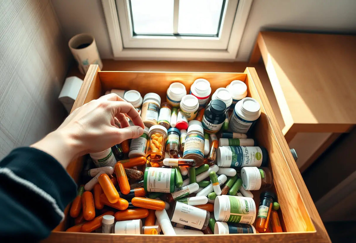 Des mains ouvrent lentement un tiroir rempli de compléments alimentaires et vitamines, éclairées par la lumière du soleil qui filtre à travers une fenêtre.