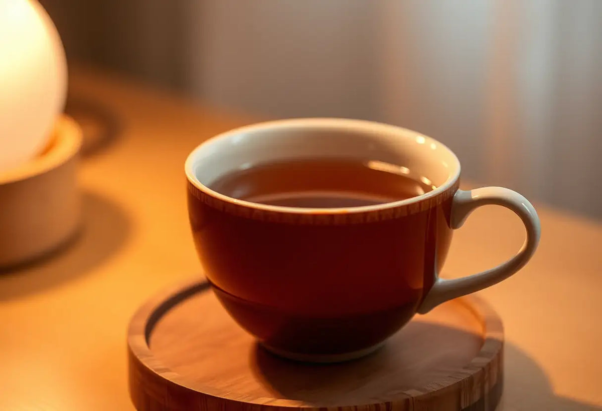 Une tasse de thé posée sur un coussinet, illustrant le rituel du repos et du bien-être.