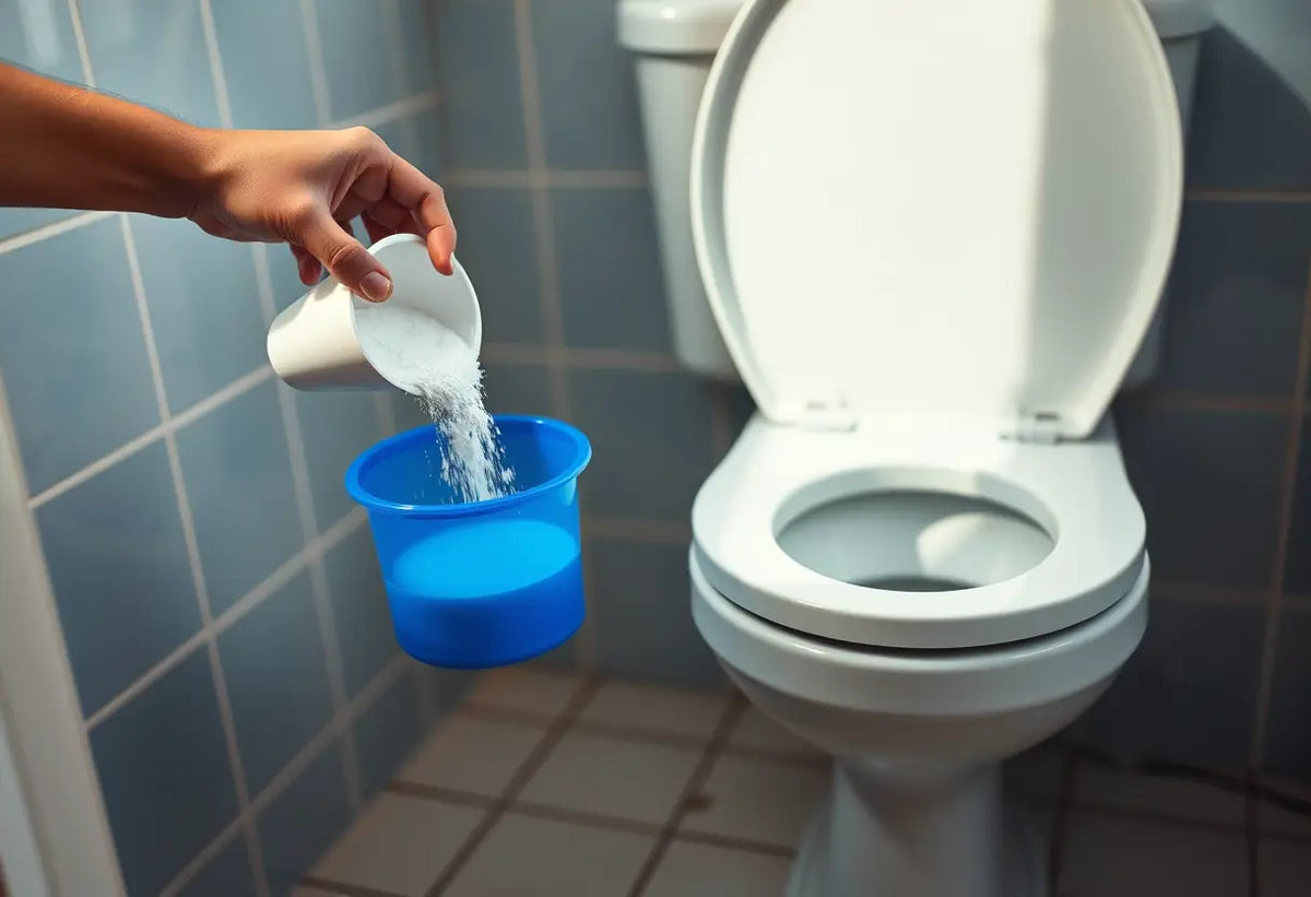 Une main verse une poudre blanche dans un récipient bleu dans une salle de bains, rappelant l'importance des probiotiques après un traitement antibiotique.
