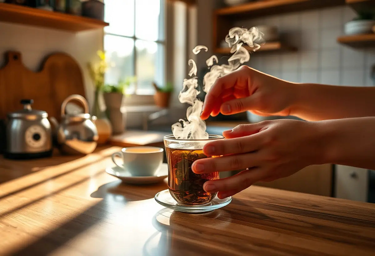 Des mains préparant une tasse de thé aux herbes dans une cuisine accueillante sous la lumière du soleil