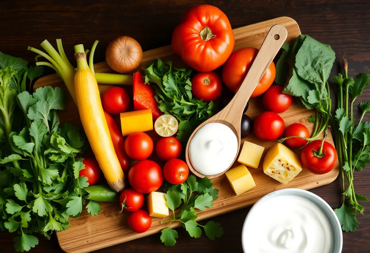 Une cuillère en bois posée sur un plan de travail avec des légumes frais, rappelant l'importance d'une alimentation saine pour la flore intestinale