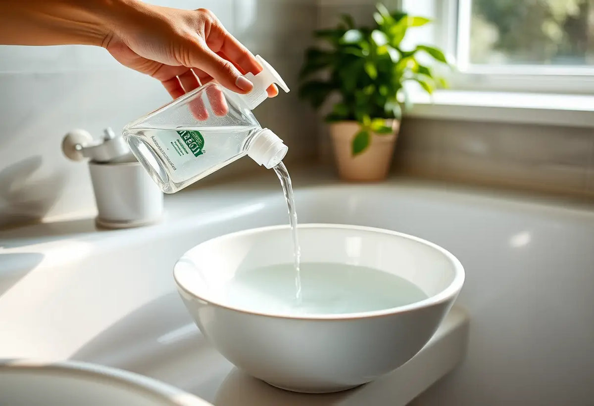 Une main verse un gel clair dans un bol en porcelaine blanche rempli d'eau, dans une salle de bains avec une plante verte sur le rebord de la fenêtre