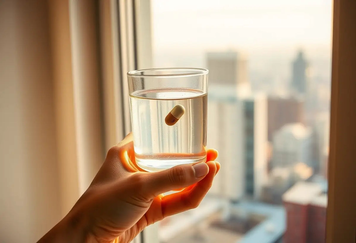 Une main tenant un verre d'eau avec un complément probiotique