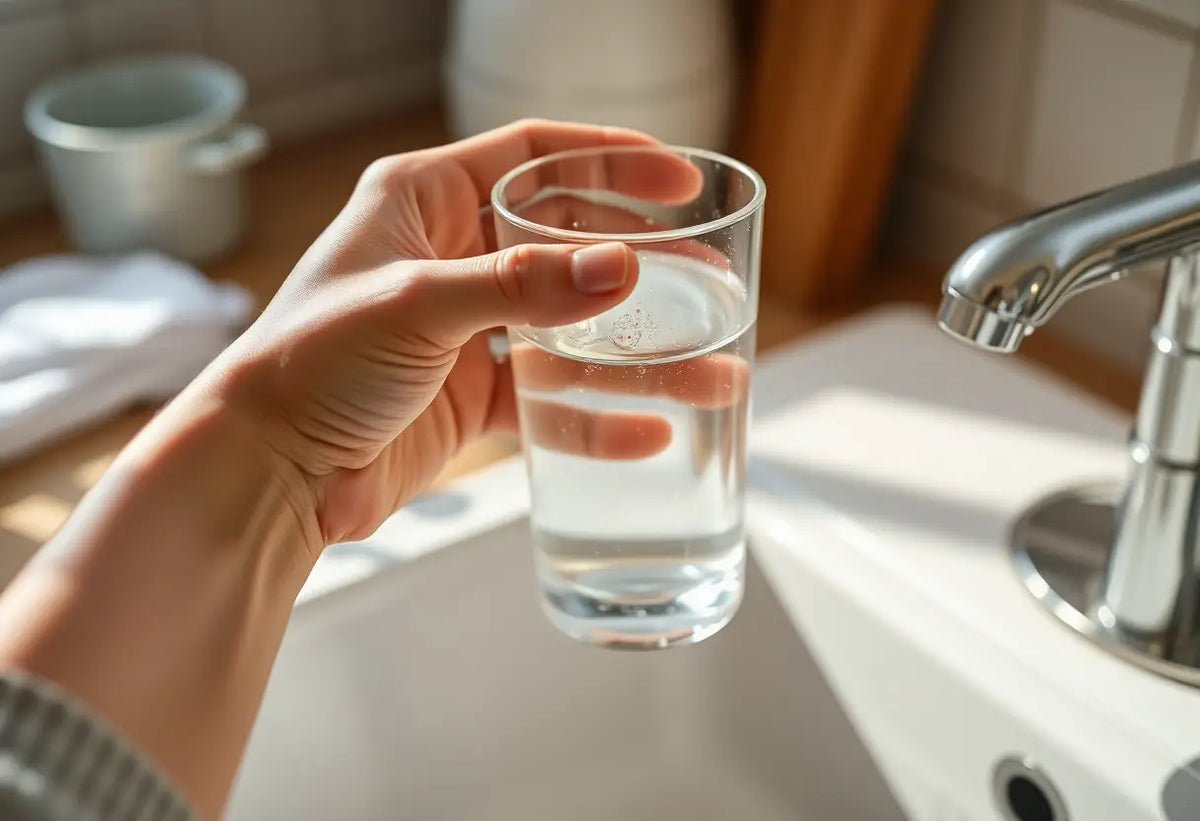 Une main tenant un verre d'eau chaude sur un évier, pour soulager les désagréments intimes