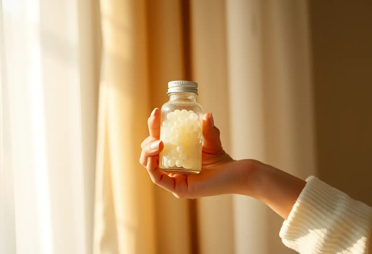 Une main féminine tient une petite bouteille en verre contenant des ovules probiotiques