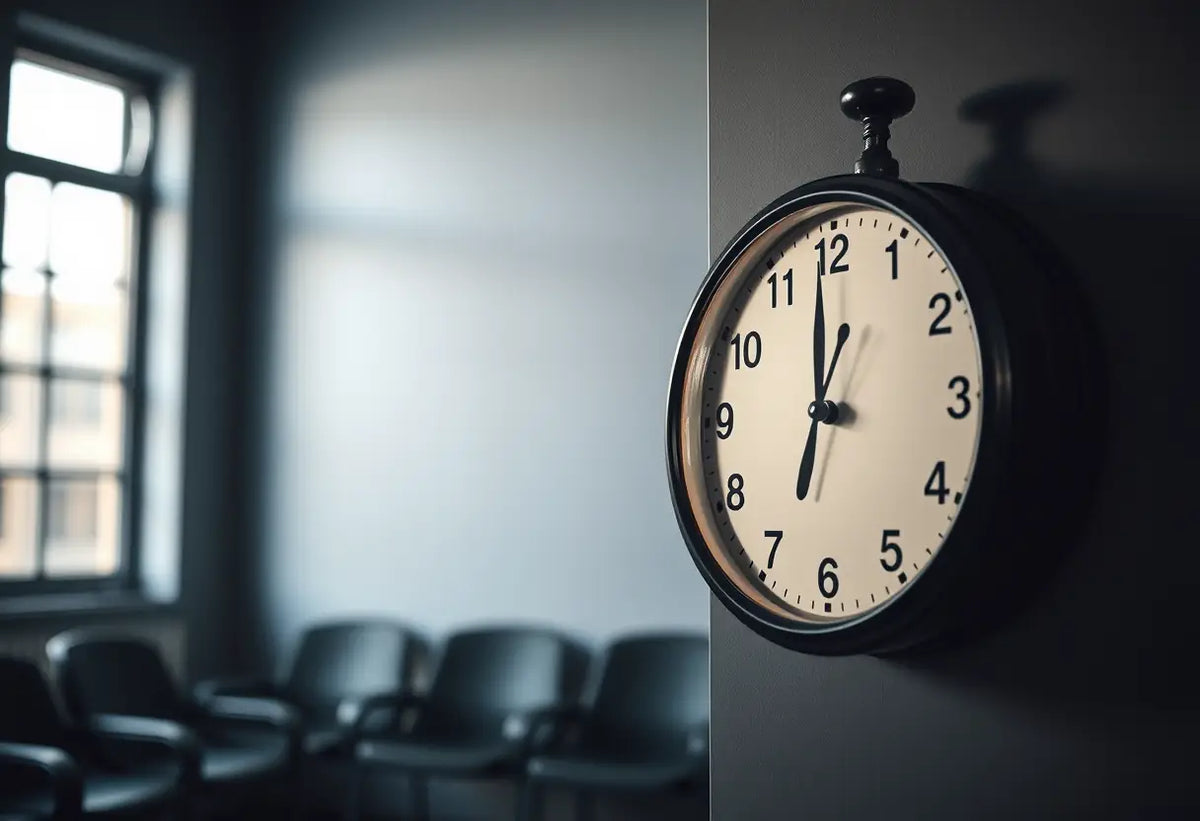 Une horloge dans une salle d'attente, symbolisant le temps et la patience nécessaires pendant les procédures de procréation médicalement assistée.