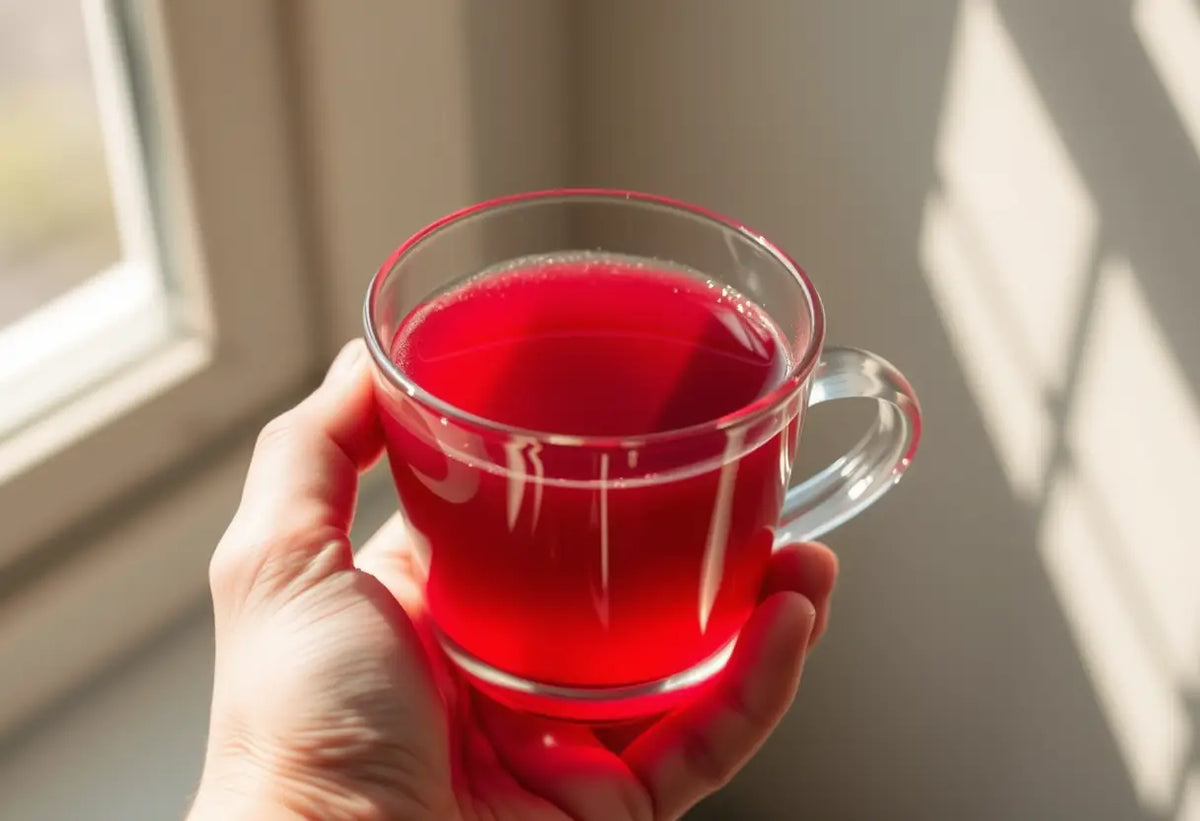 Une main tenant un verre de jus de canneberge, lumière naturelle