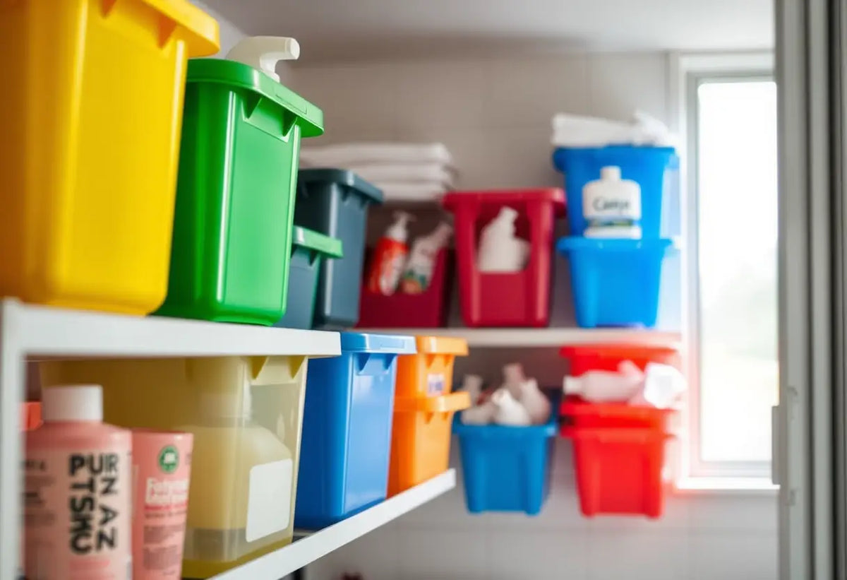 Des bacs de rangement colorés sur une étagère bien éclairée