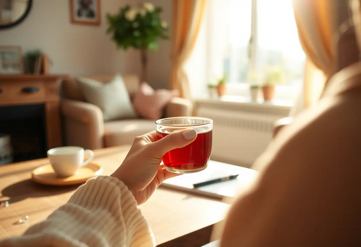 Une main tenant une tasse de thé dans un salon accueillant, doux éclairage naturel