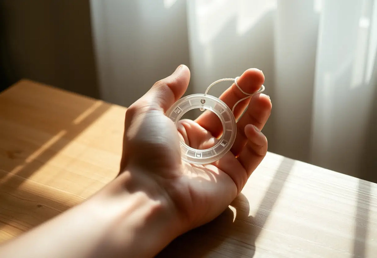 Une main tient un dispositif plastique avec une ficelle, sur une table en bois, contraception