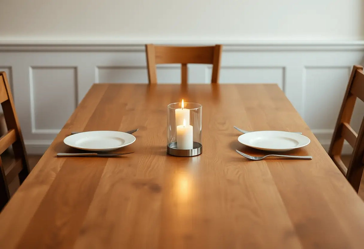 Une table de cuisine en bois pour deux personnes, avec une bougie allumée au centre.