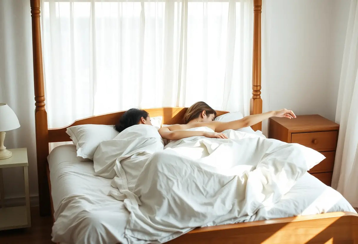 Lit à baldaquin avec drap blanc, bras tendu vers une table de nuit, position missionnaire