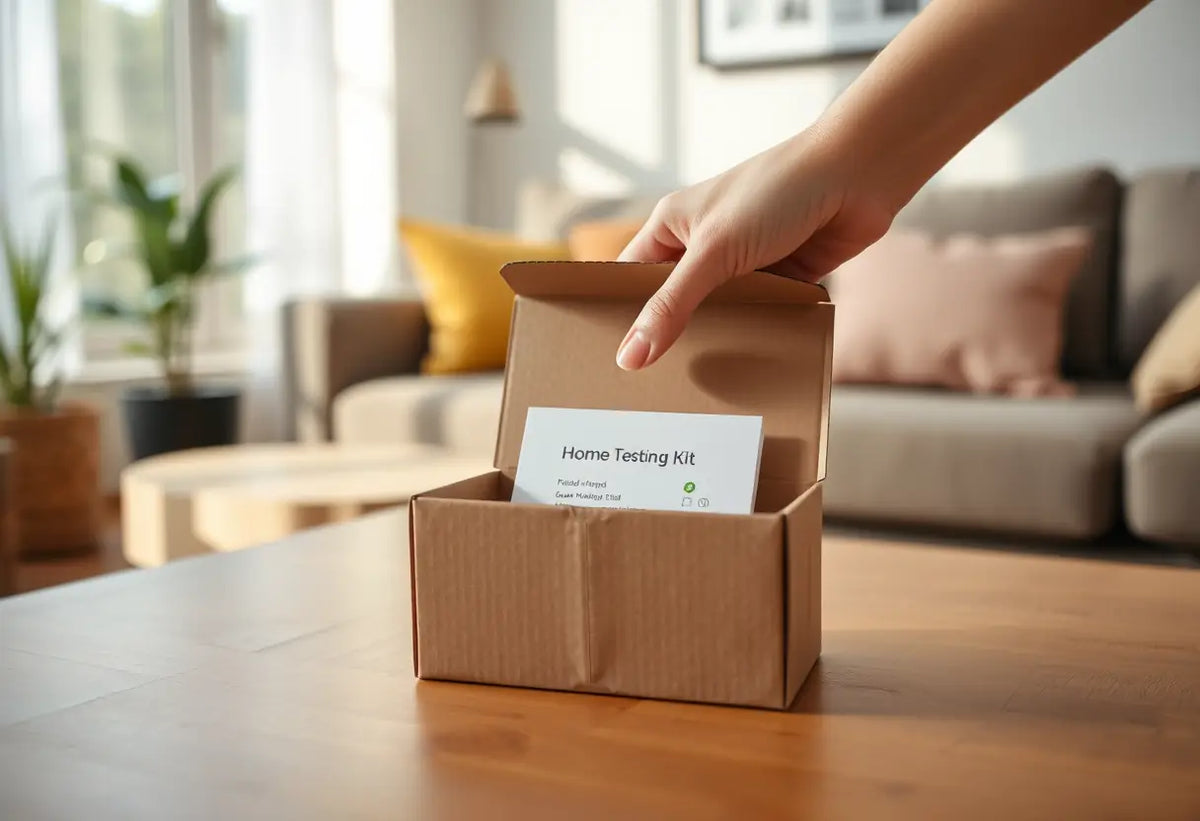 Une boîte de test IST posée sur une table de salon, prête à être utilisée