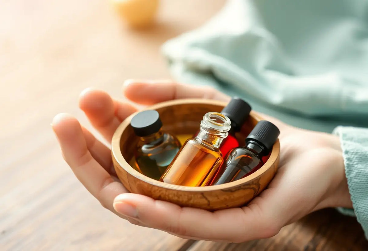 Une main tient un bol en bois contenant des huiles parfumées, symbole de soins et de détente