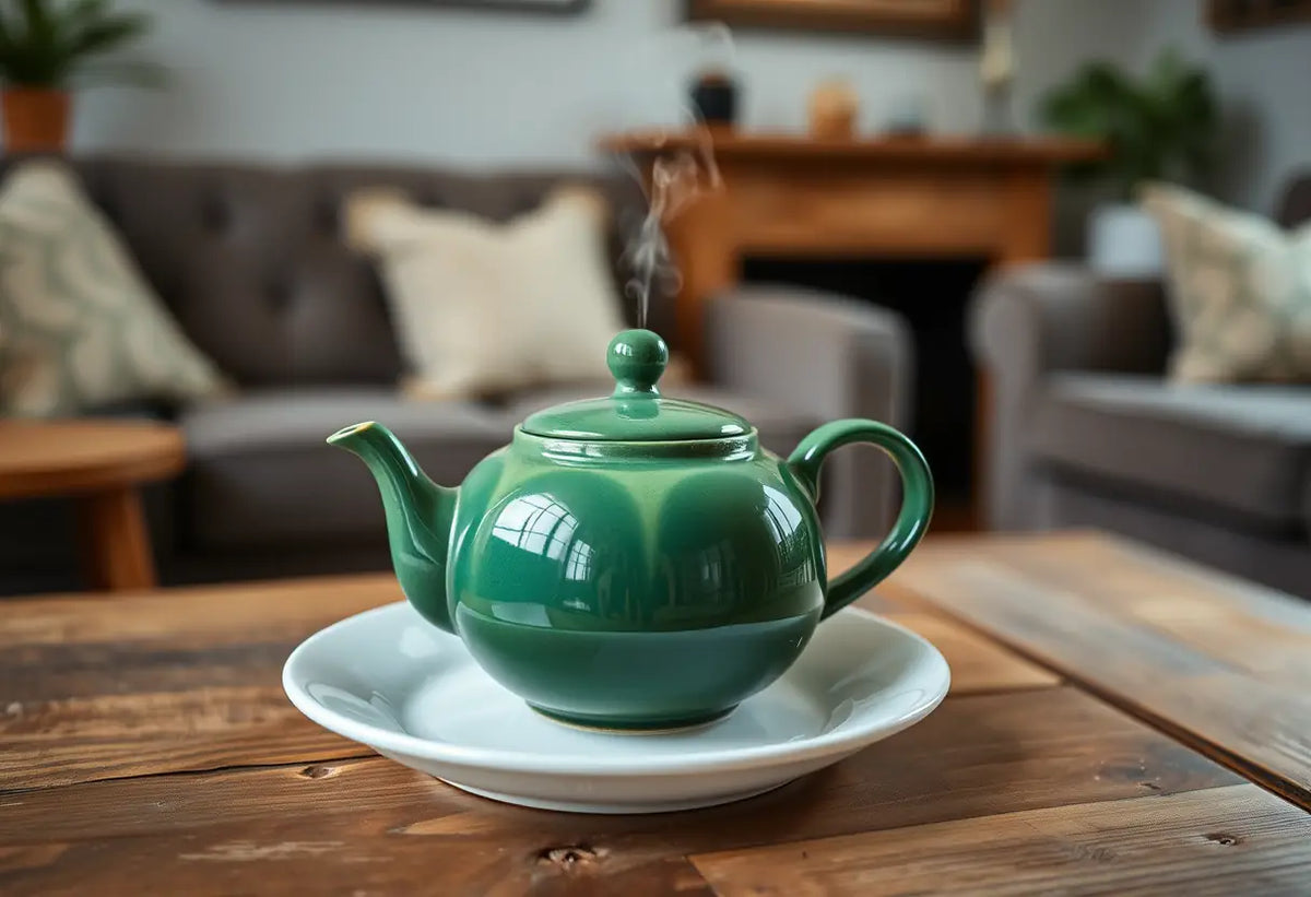 Une bouilloire en faïence verte dans un salon chaleureux