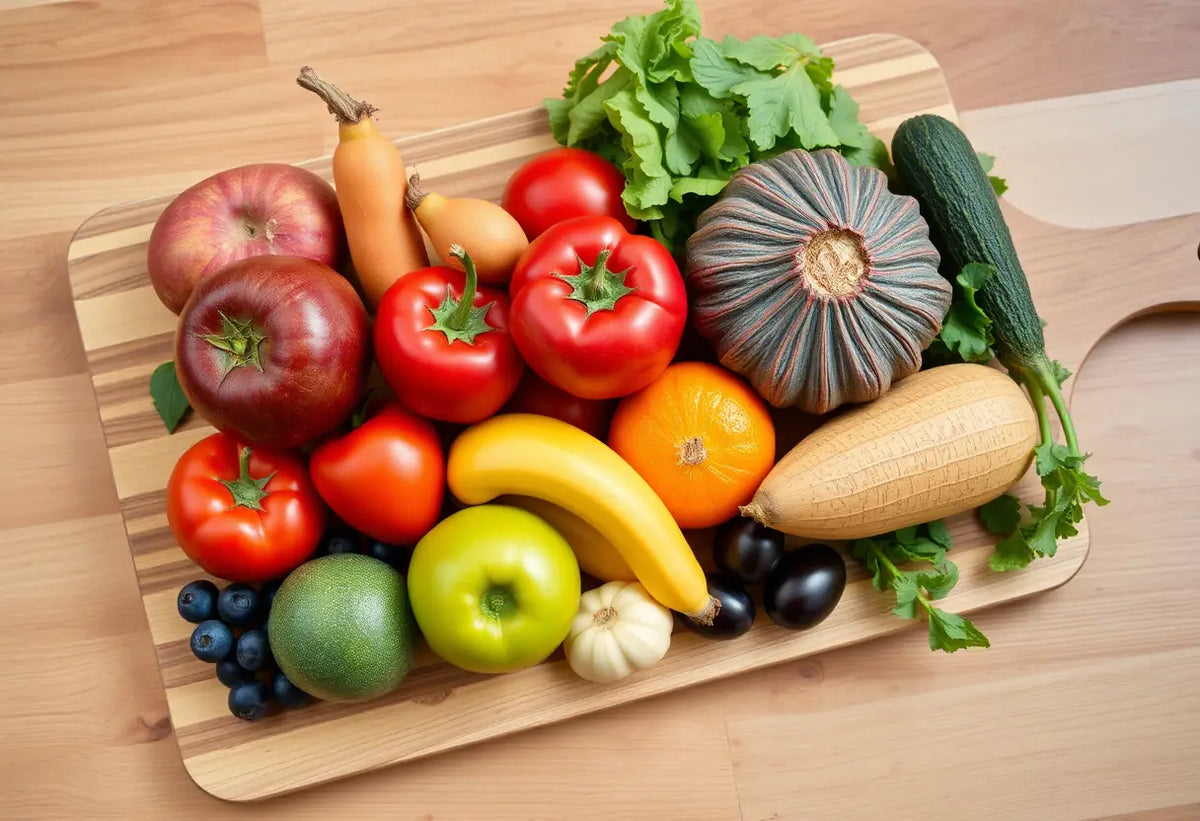 Assortiment de fruits et légumes sur un planchetton pour une alimentation équilibrée
