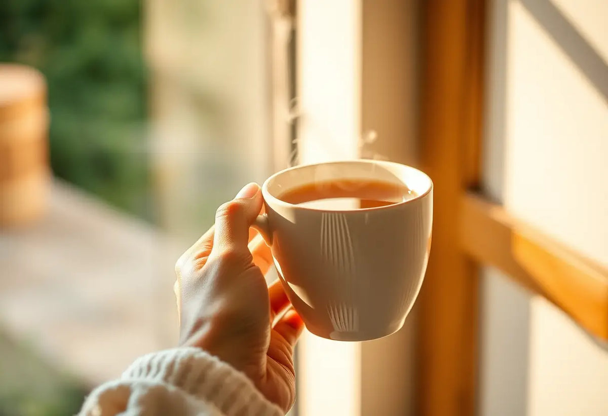 Une main féminine tient une tasse de thé chaud pour apaiser les douleurs de la préménopause