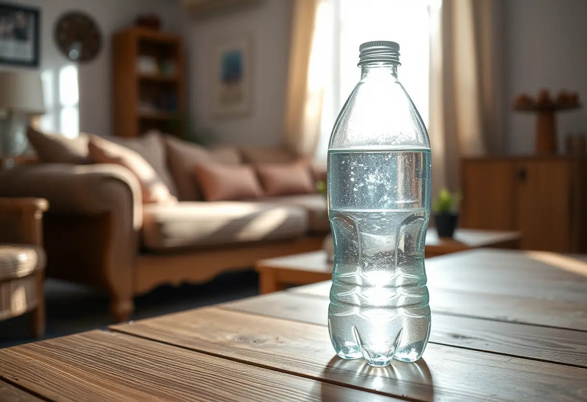 Une bouteille en plastique pleine d'eau sur une table en bois dans un salon chaleureux, lumière naturelle