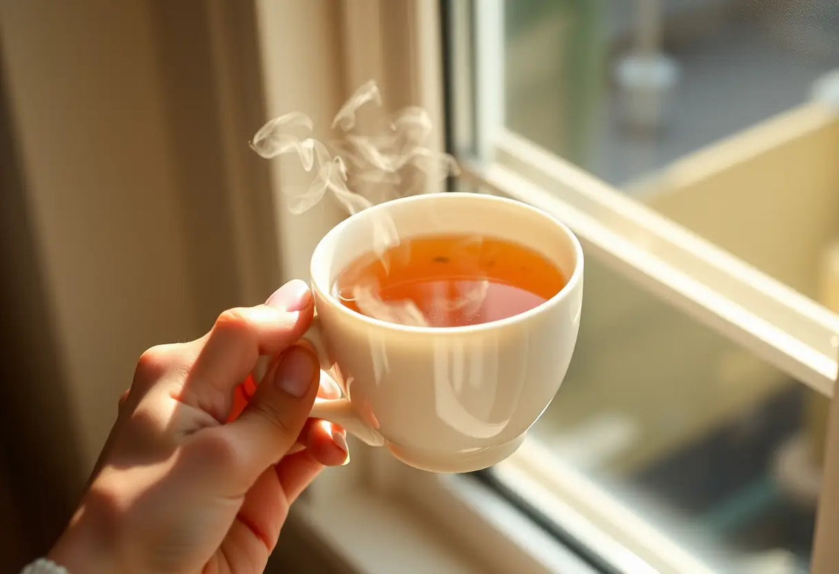 Une main tient une tasse de thé chaud, la lumière naturelle souligne la vapeur