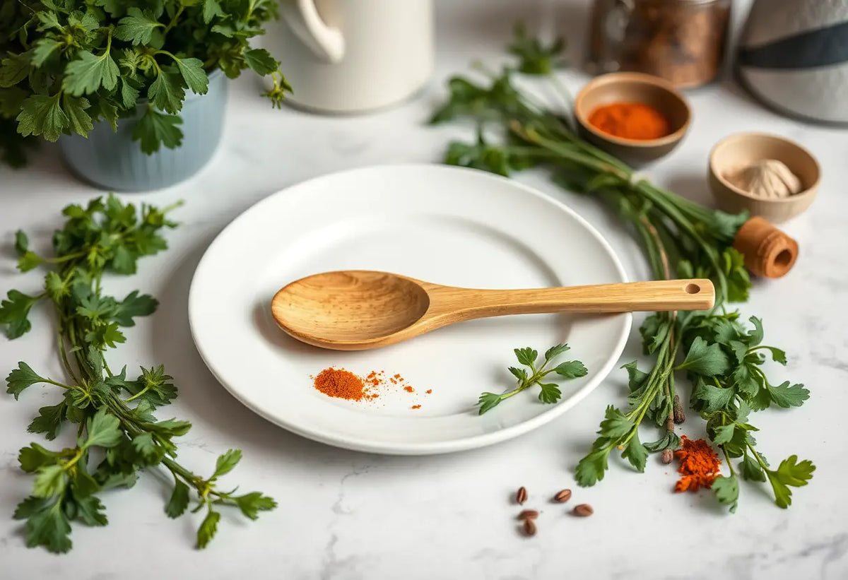 Cuillère en bois sur une assiette blanche dans une cuisine, herbes fraîches autour