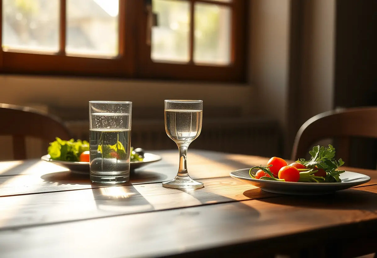 Tableau avec verre d'eau et assiette de légumes frais