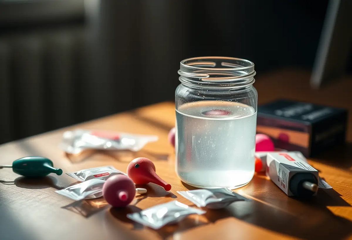 Un flacon de lubrifiant sur une table avec des jouets discrets