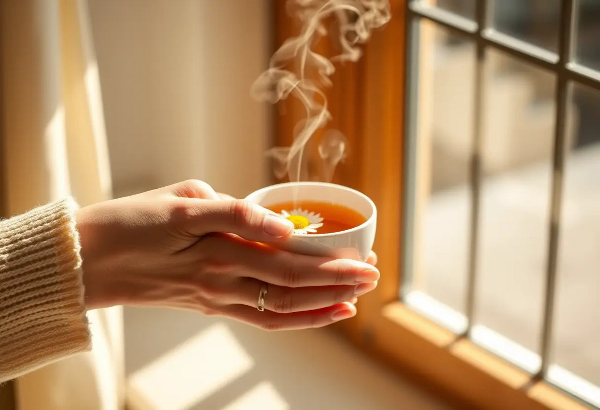 Une main féminine tenant une tasse de thé de camomille, un premier trimestre en toute douceur
