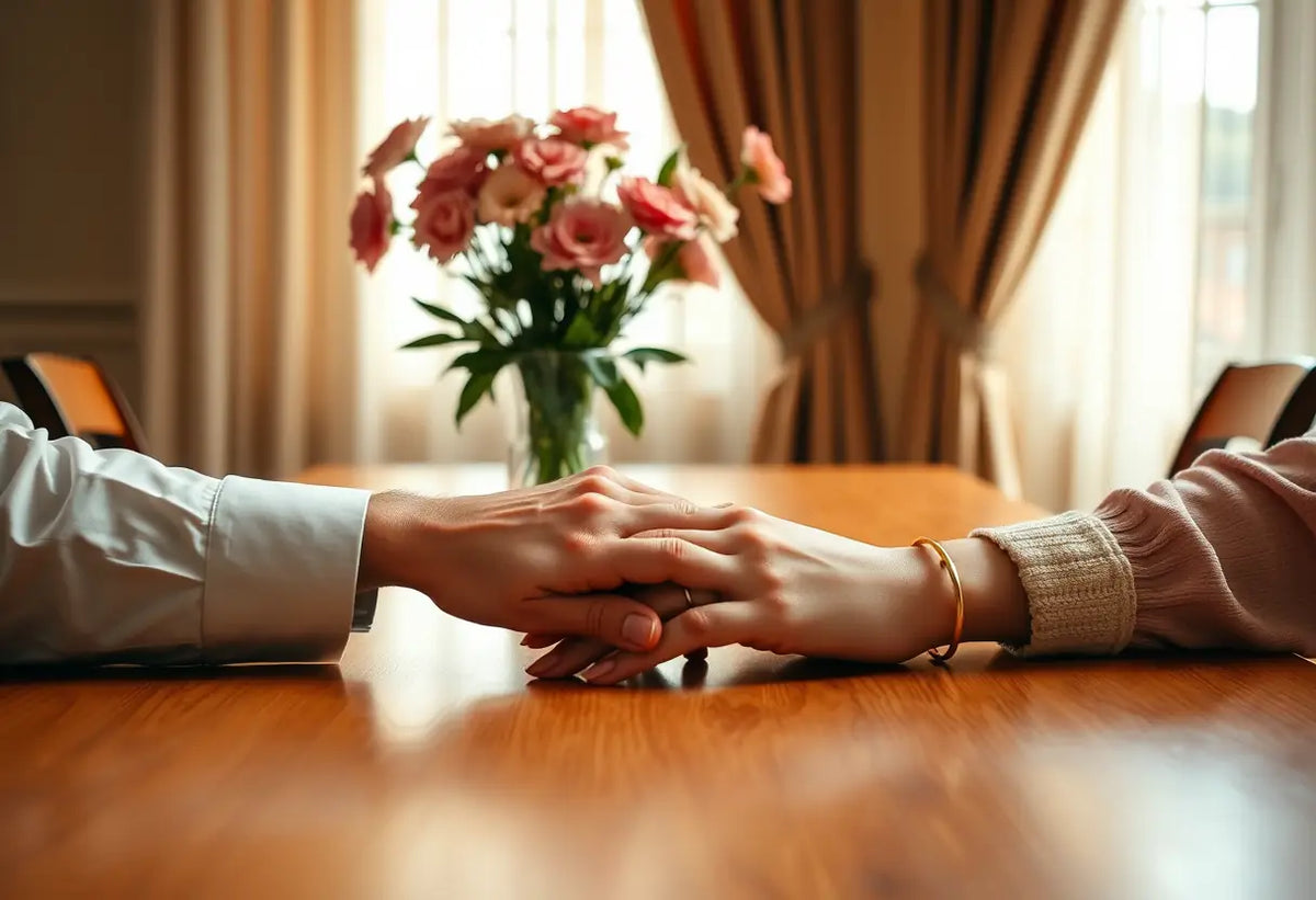 Mains d'un homme et d'une femme entrelacées sur une table de cuisine