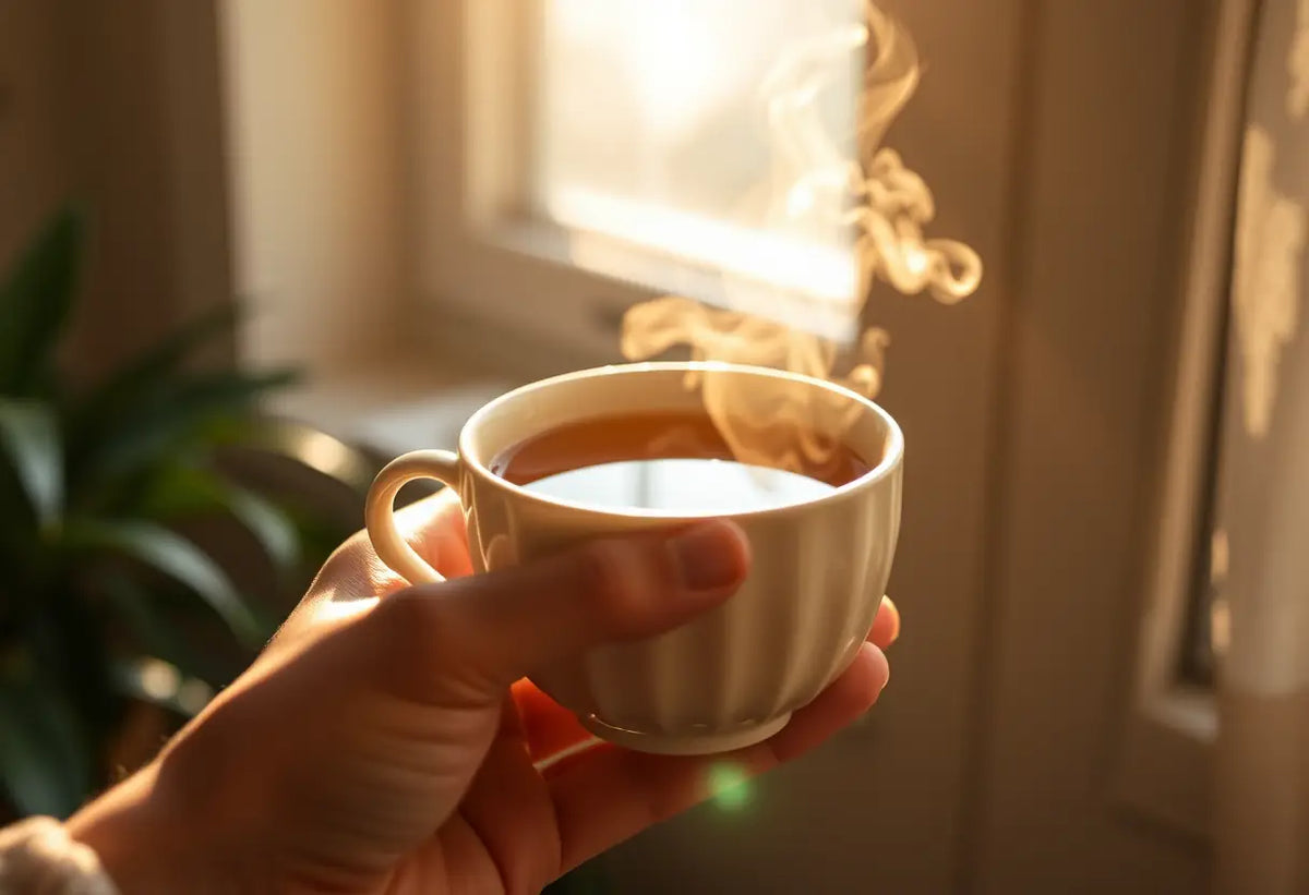Une main tenant une tasse de thé herboriste, lumière naturelle