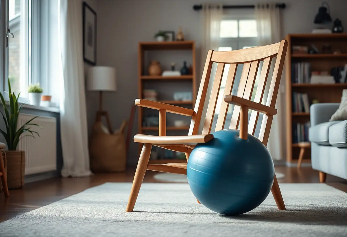 Chaise et ballon de gym dans un salon, matériel pour exercices pelviens