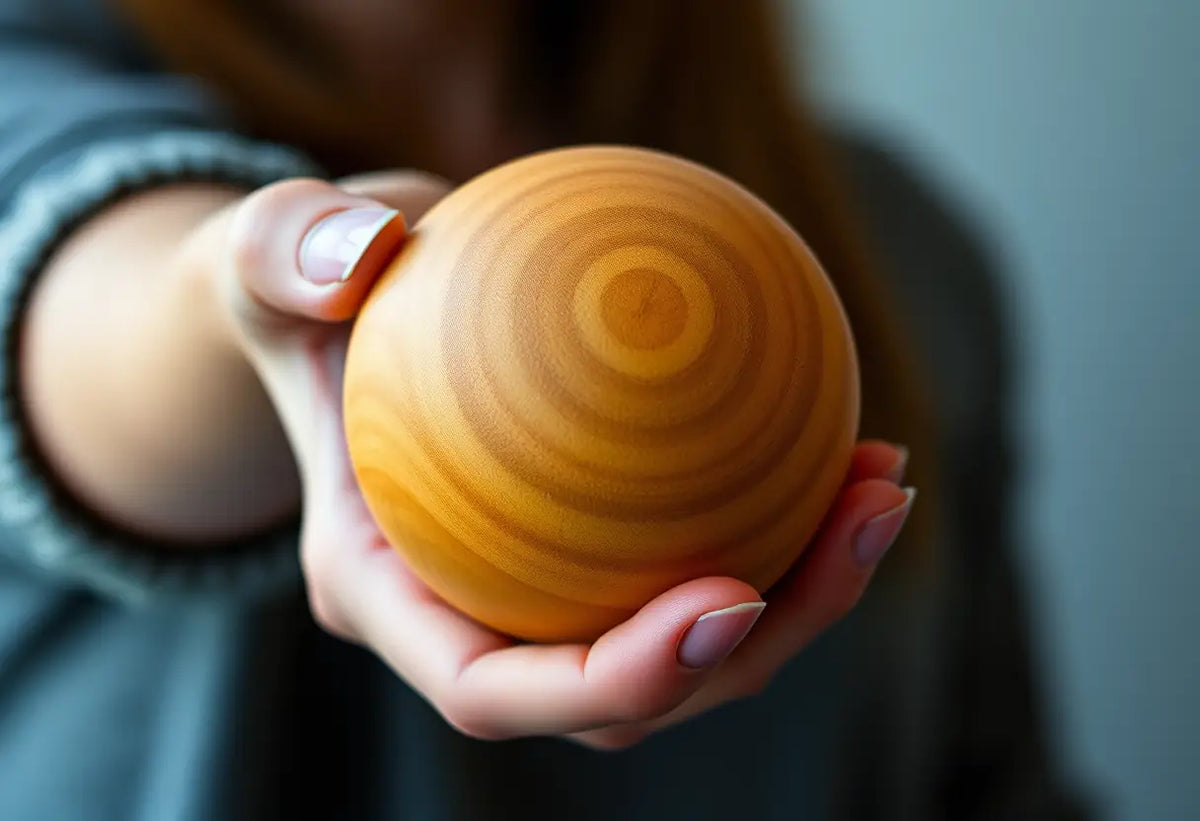 Main du patient tenant une boule de bois pour la rééducation périnéale