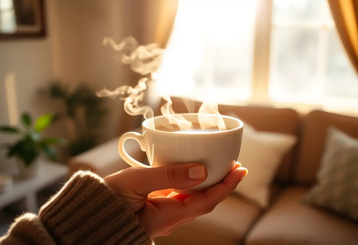 Une main tenant une tasse de thé chaud dans une atmosphère apaisante, rééducation périnéale