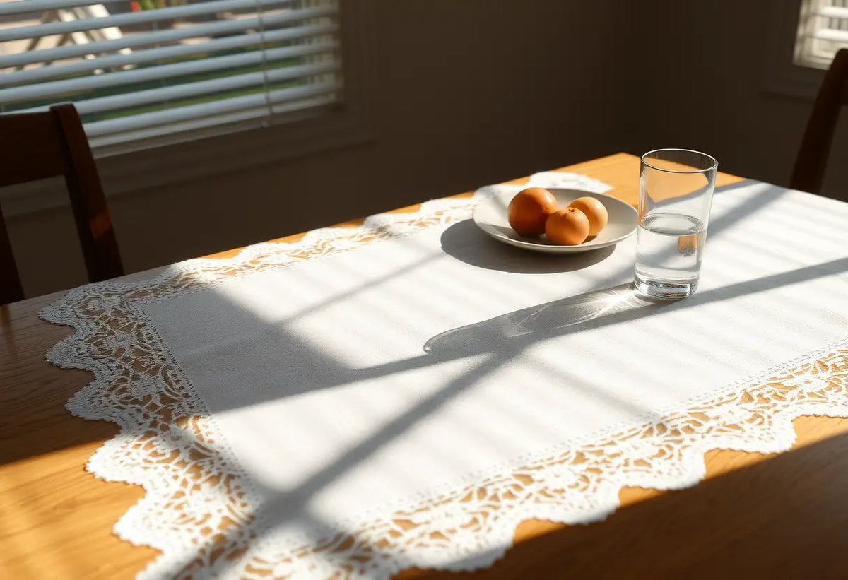 Table à repas avec nappage dentelle et fruits, intimité d'un couple enceinte