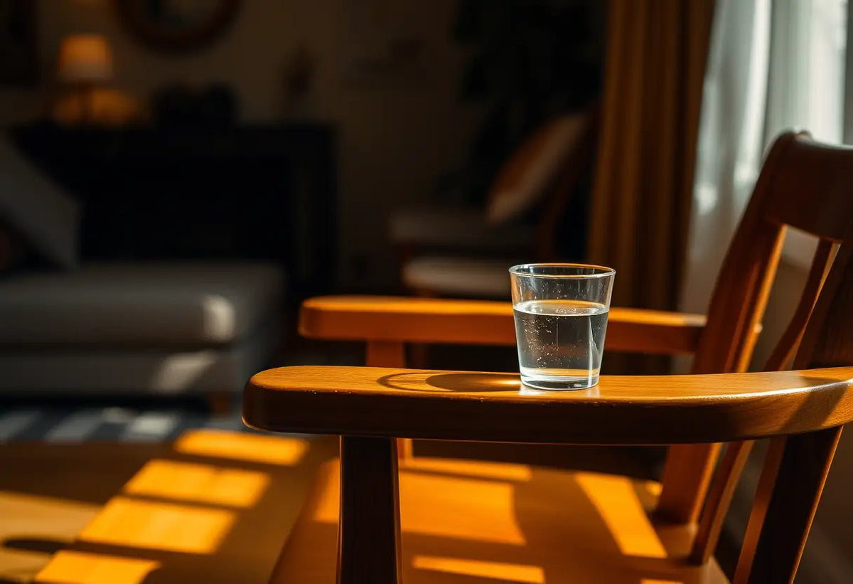 Chaise en bois dans une pièce tamisée avec un verre d'eau