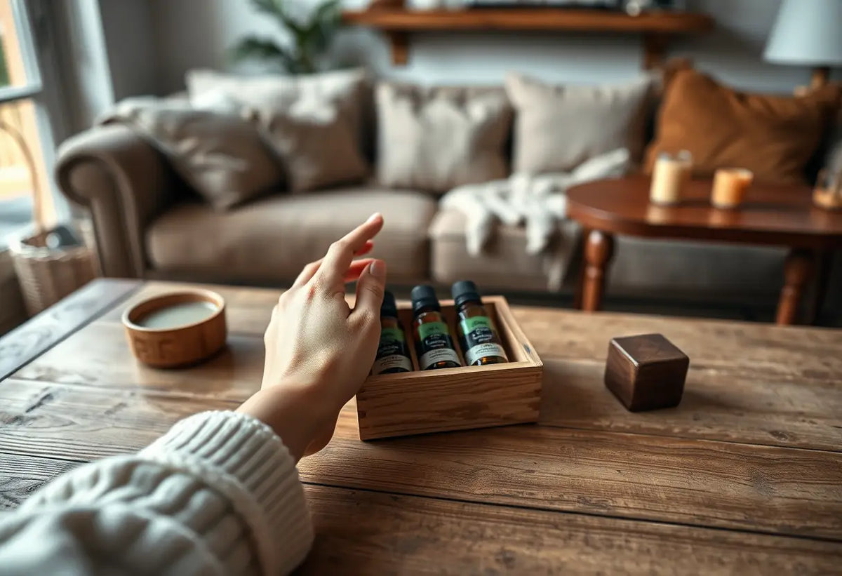 Une main féminine tient une boîte en bois contenant des huiles naturelles, dans un salon chaleureux