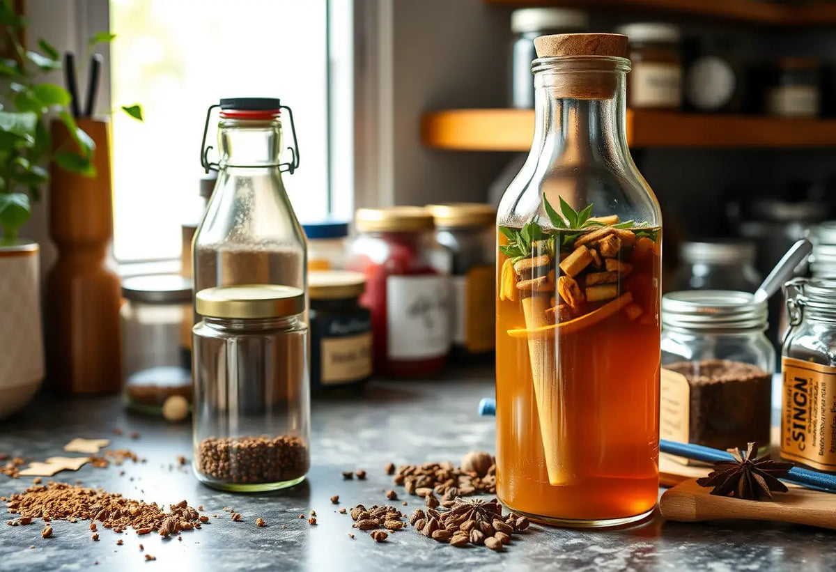 Bouteille de thé herbeux sur un plan de travail de cuisine